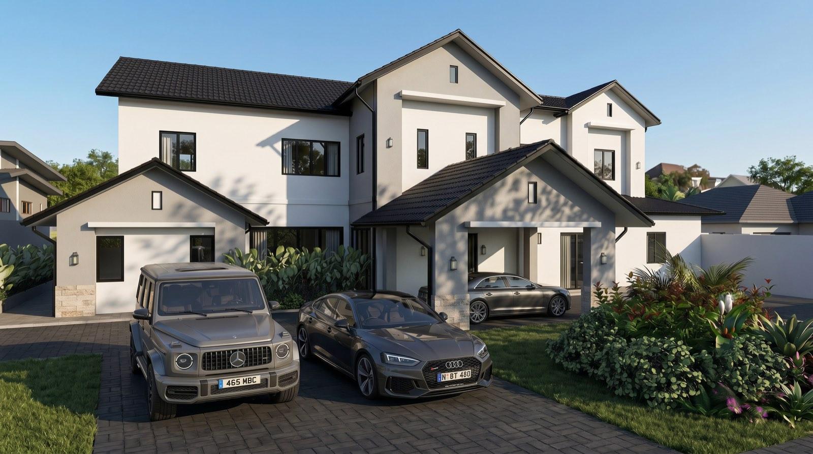 Forecourt of the KGSAAS house in Shah Alam with cars parked between the two entrance porches