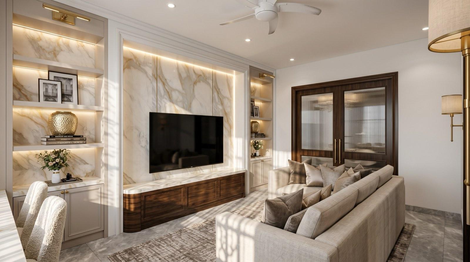 Family room at the KGSAAS house in Shah Alam with a Calacatta marble television wall over a walnut console