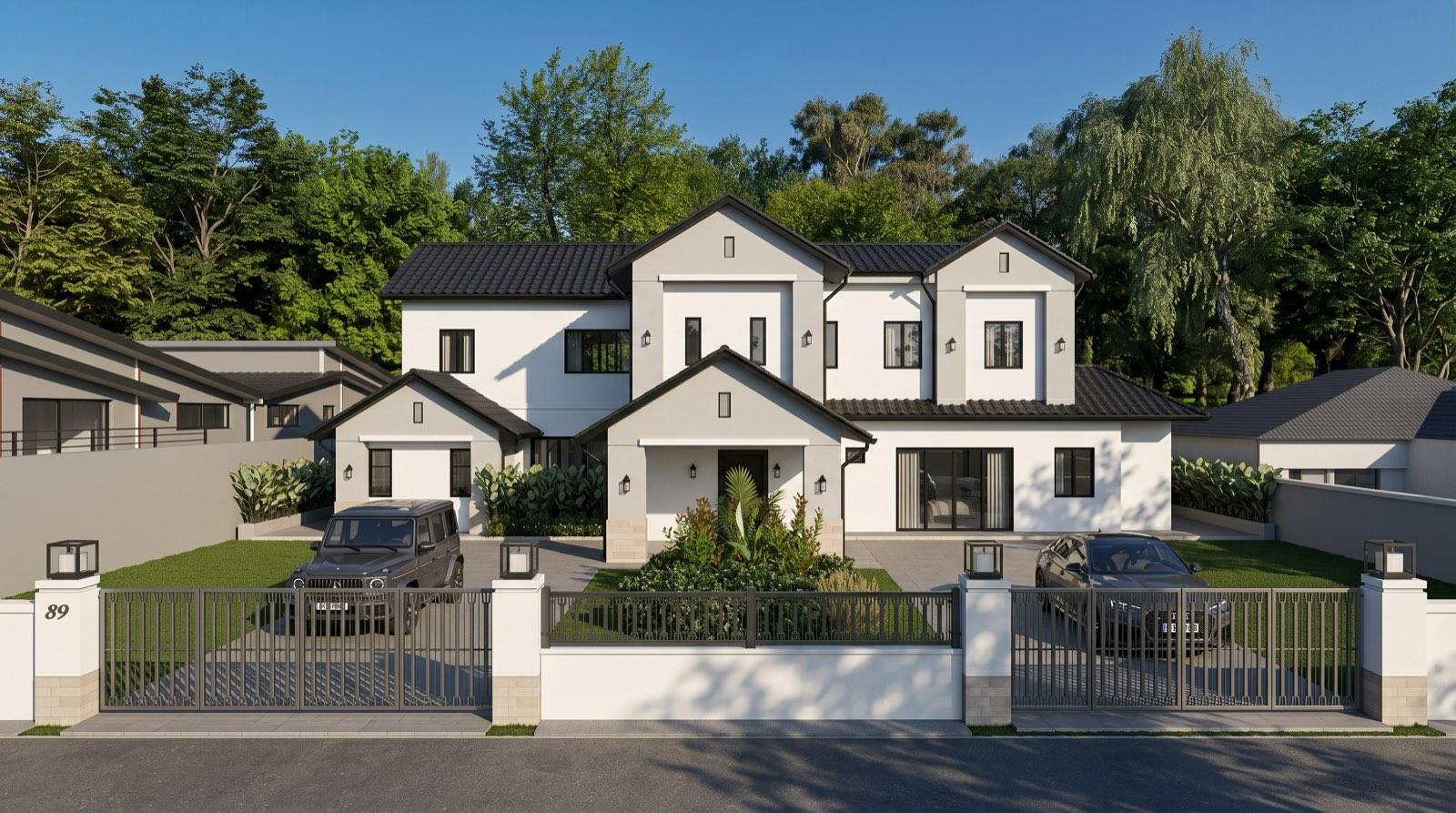 Street elevation of the KGSAAS house in Shah Alam, white render under black clay-tile roofs behind a low fence and twin gates