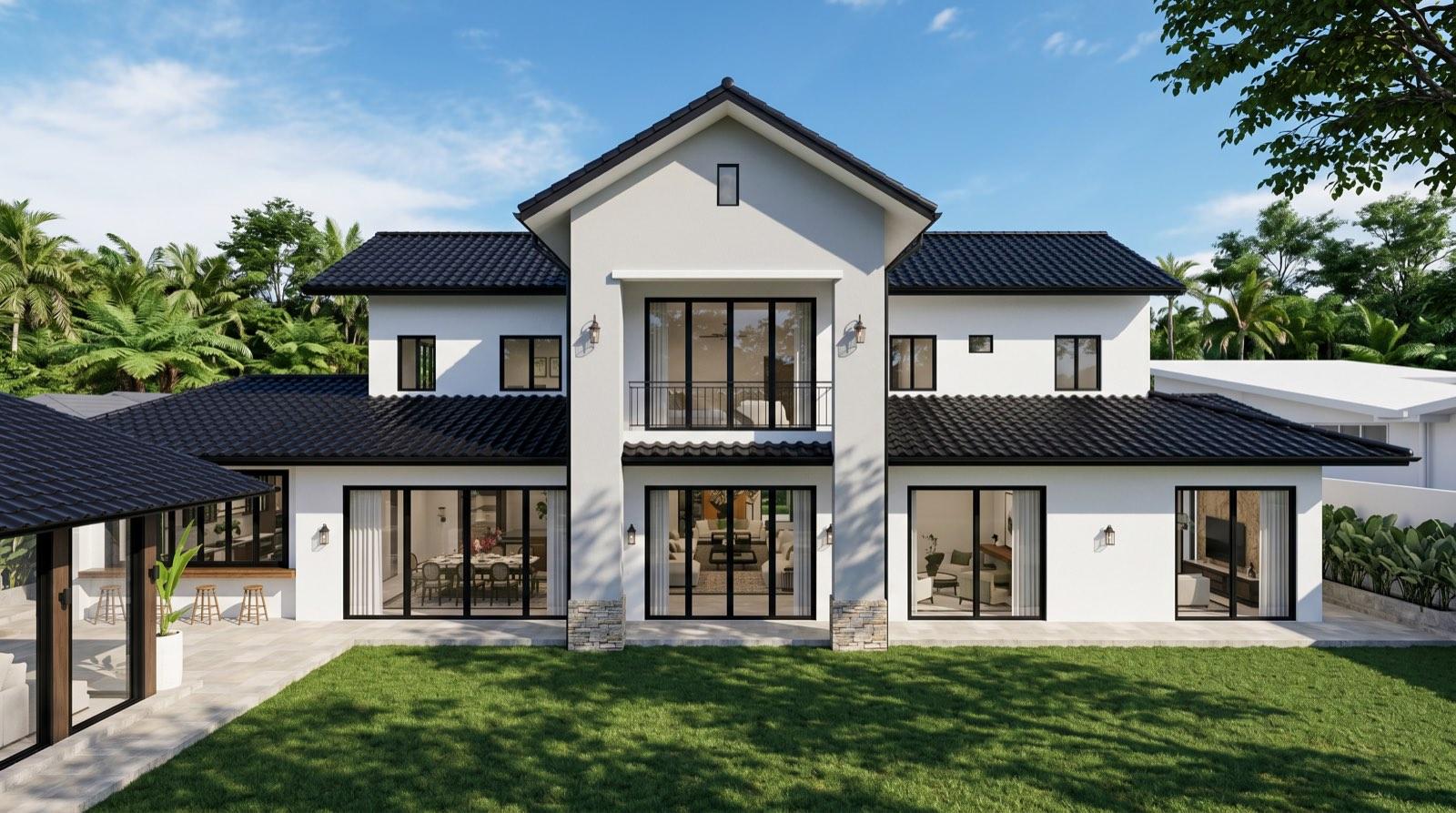 Garden elevation of the KGSAAS house in Shah Alam, full-height sliding glass opening the ground floor to a private lawn