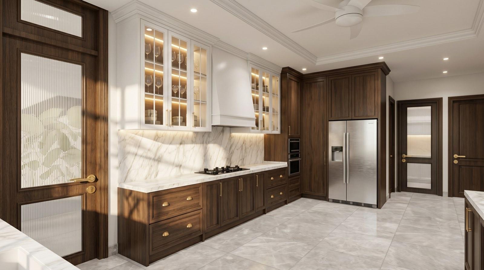 Show kitchen at the KGSAAS house in Shah Alam, white glazed cabinets and walnut joinery around a Calacatta marble splashback