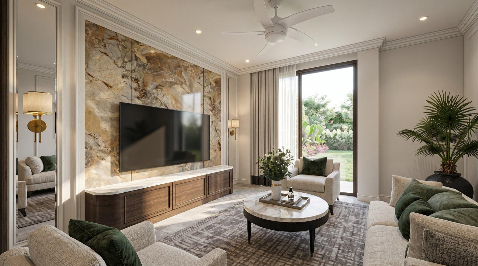 Sitting room off the master suite at the KGSAAS house in Shah Alam with a stone-slab television wall and garden view