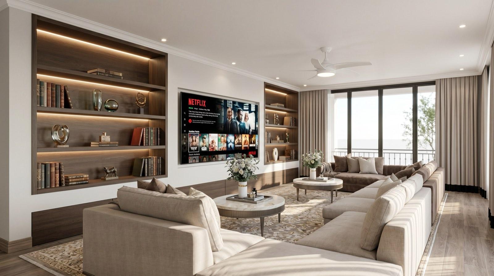 Media lounge at the KGSAAS house in Shah Alam, a long sectional facing a recessed television between lit walnut shelves