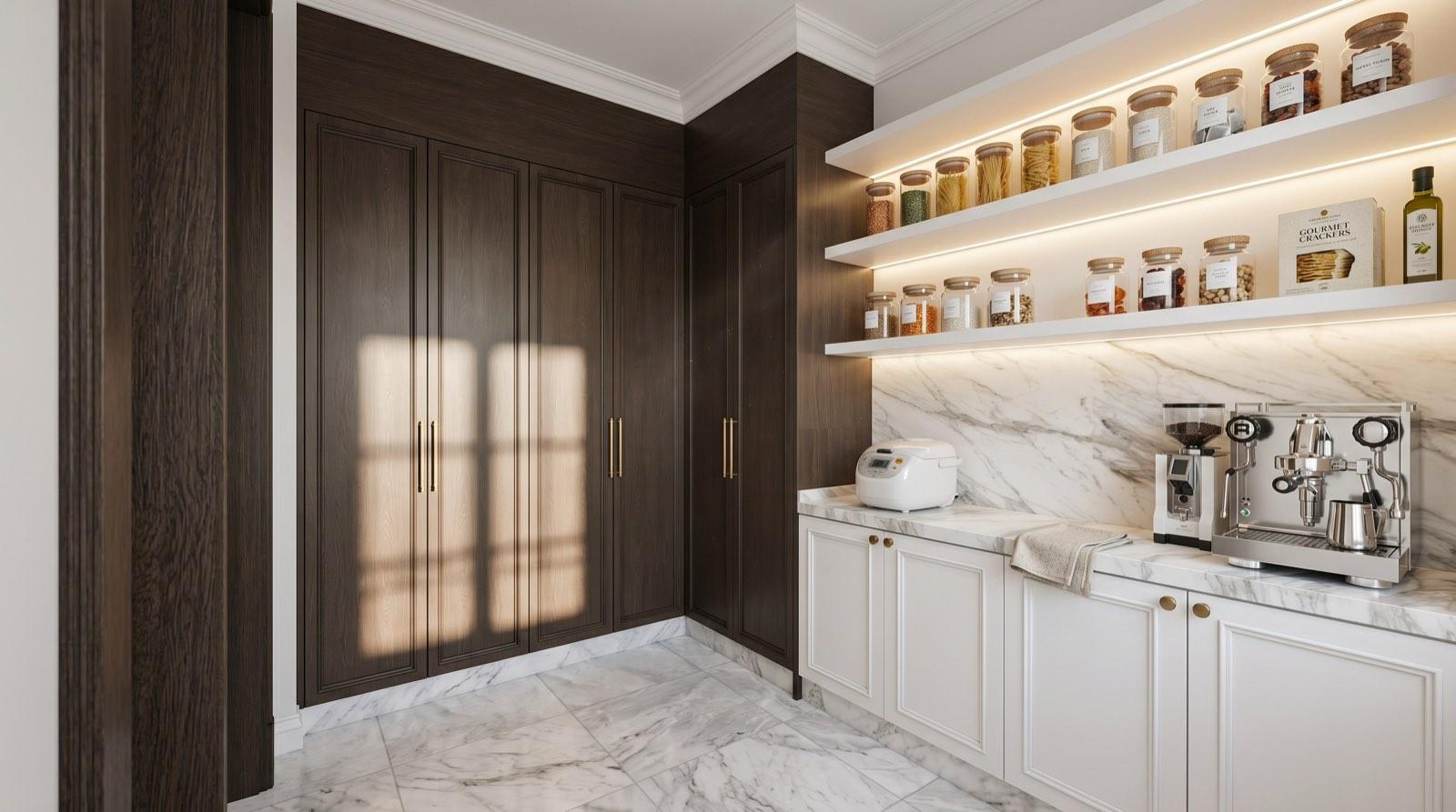Pantry at the KGSAAS house in Shah Alam with dark oak cupboards, lit shelves of labelled jars and a coffee station