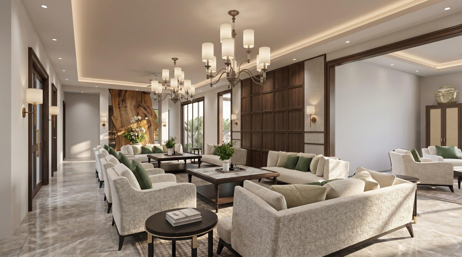 Long reception hall at the KGSAAS house in Shah Alam with walnut wall panelling, chandeliers and several seating groups