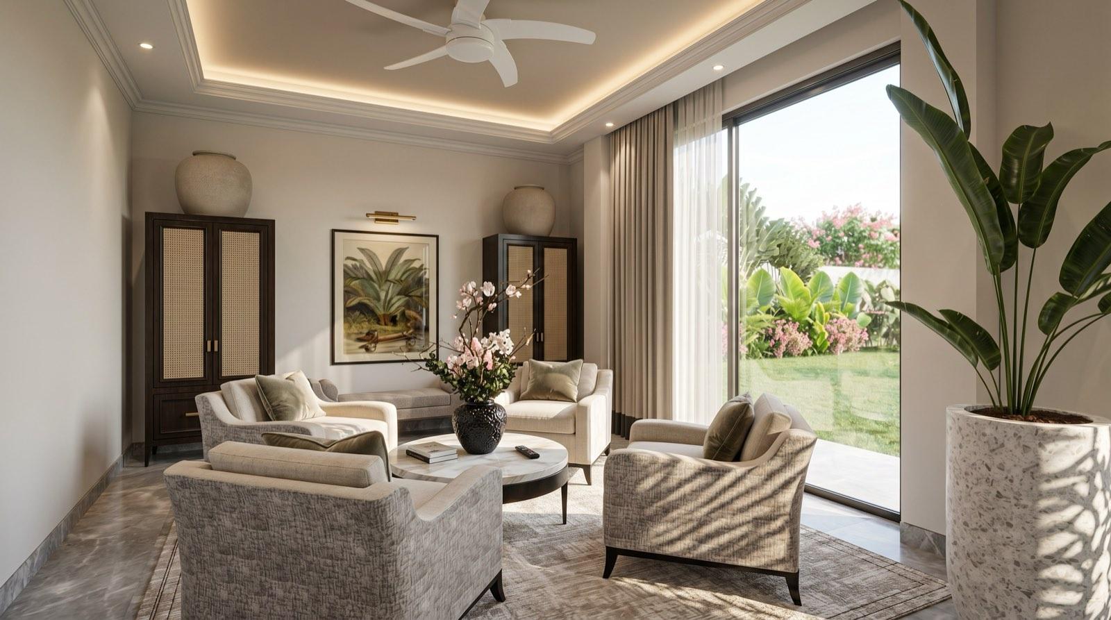 Garden-facing sitting room at the KGSAAS house in Shah Alam with rattan-front cabinets and a marble coffee table