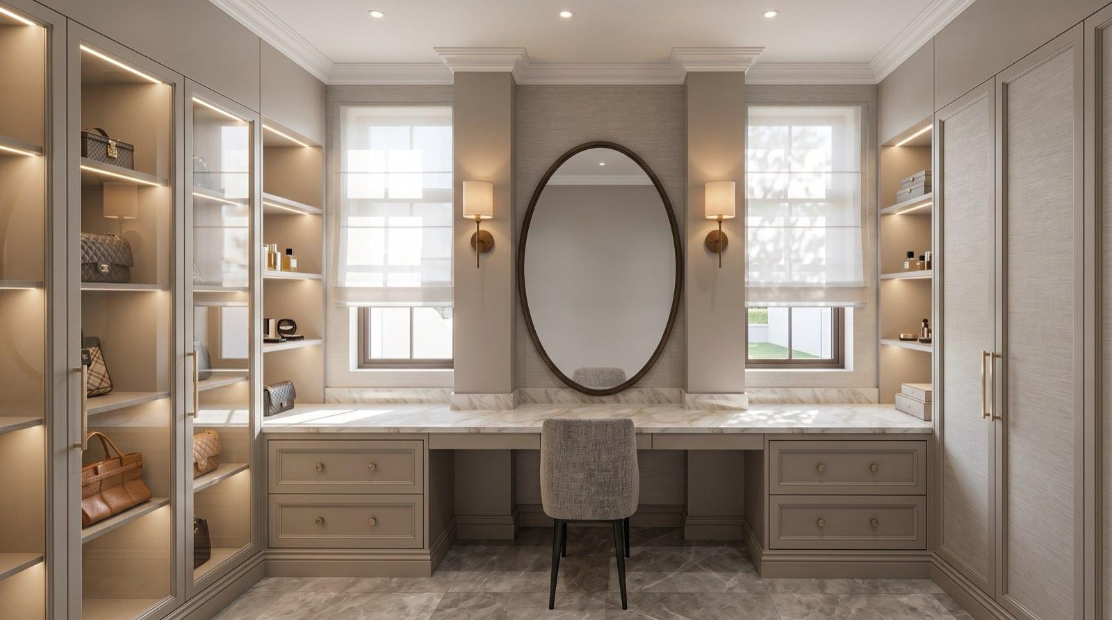 Dressing table between two windows at the KGSAAS house in Shah Alam, an oval mirror flanked by brass sconces