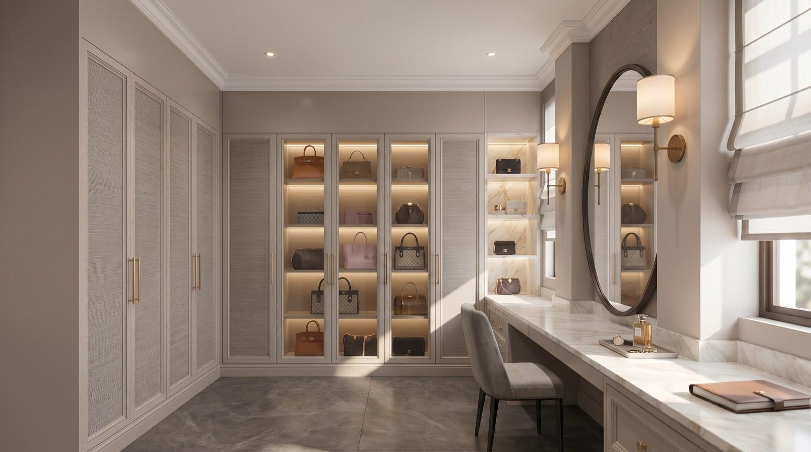Walk-in wardrobe at the KGSAAS house in Shah Alam with glass-front cabinets lit for a handbag collection