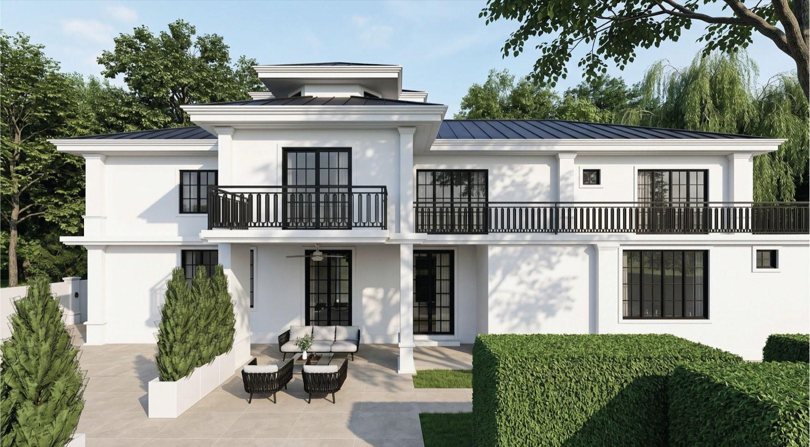 Garden elevation of the KGSAAS villa in Shah Alam with black steel-framed windows, iron balcony balustrades and a paved terrace