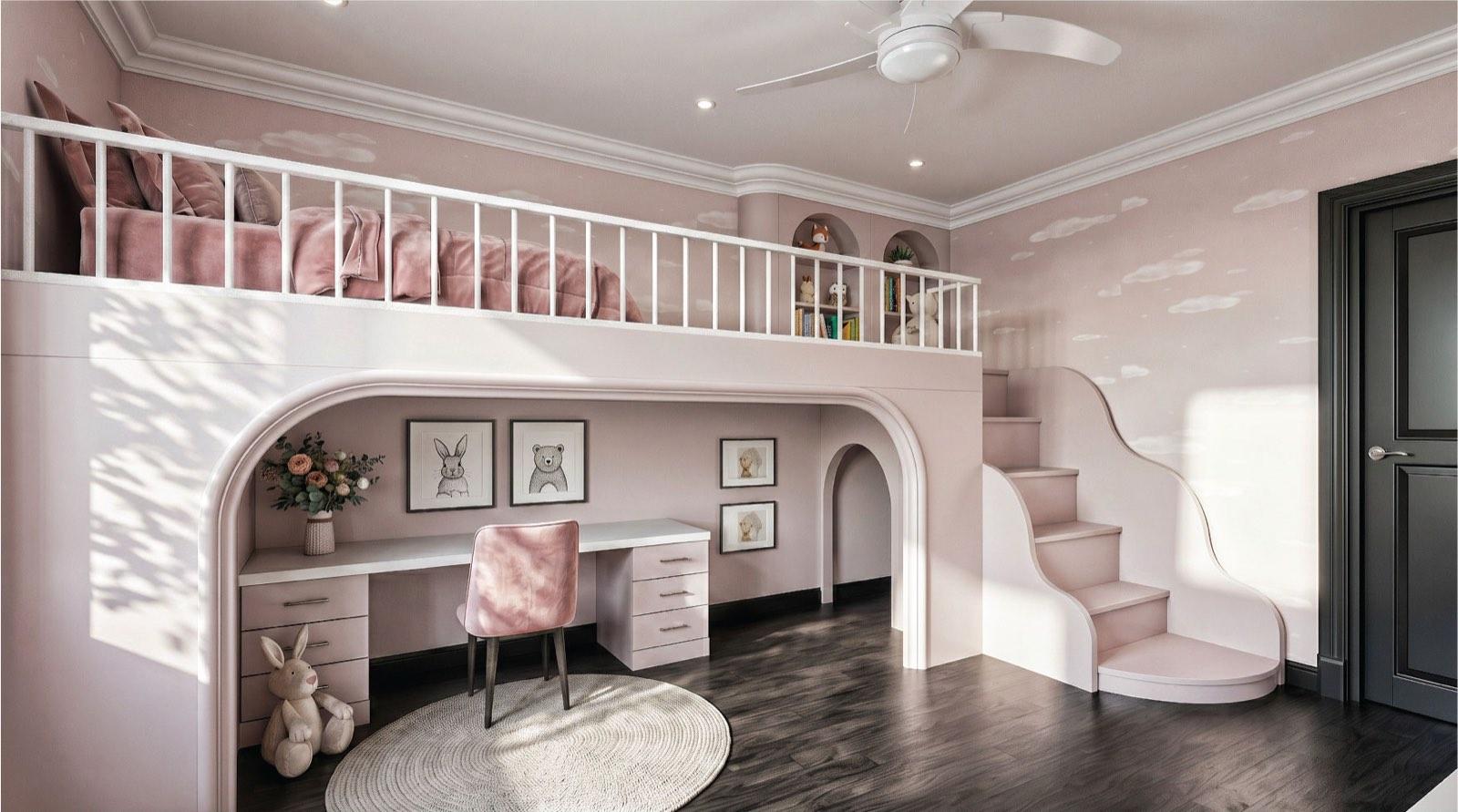 Pink children's bedroom at the KGSAAS villa in Shah Alam with a loft bed, curved staircase and desk tucked beneath