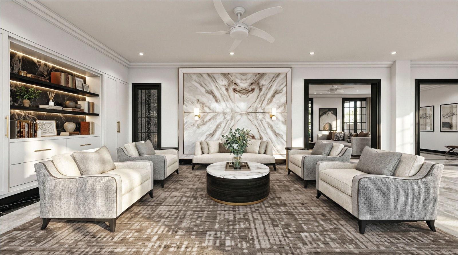 Formal sitting room of the KGSAAS villa in Shah Alam, four sofas set around a bookmatched marble feature wall