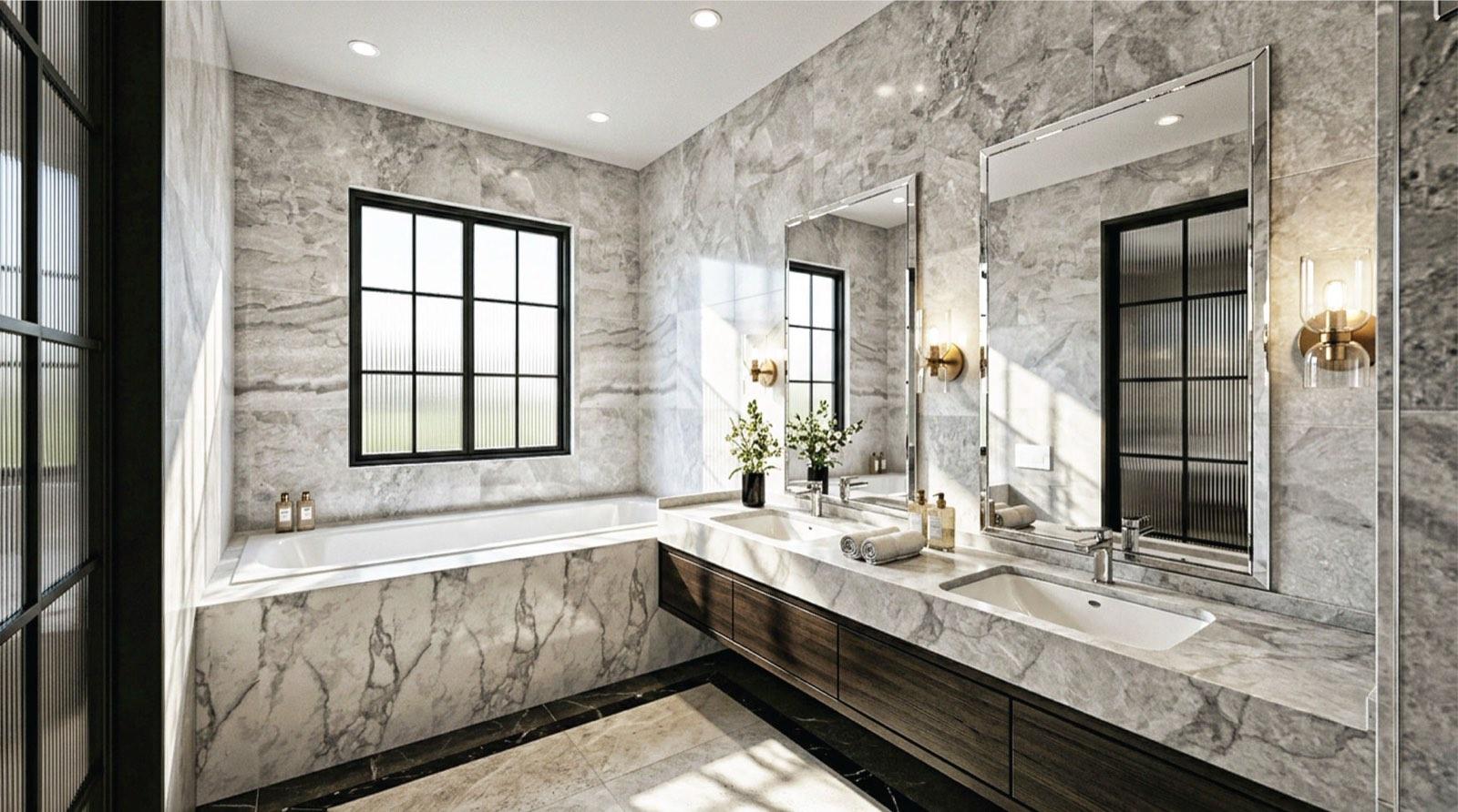 Master bathroom of the KGSAAS villa in Shah Alam in grey marble, twin vanities beside a built-in bath