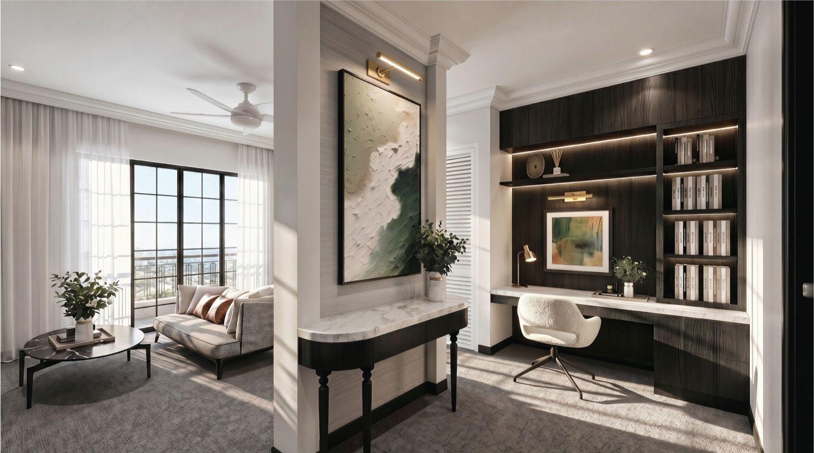 Study at the KGSAAS villa in Shah Alam with a built-in desk wall, lit shelving and a small lounge by the balcony