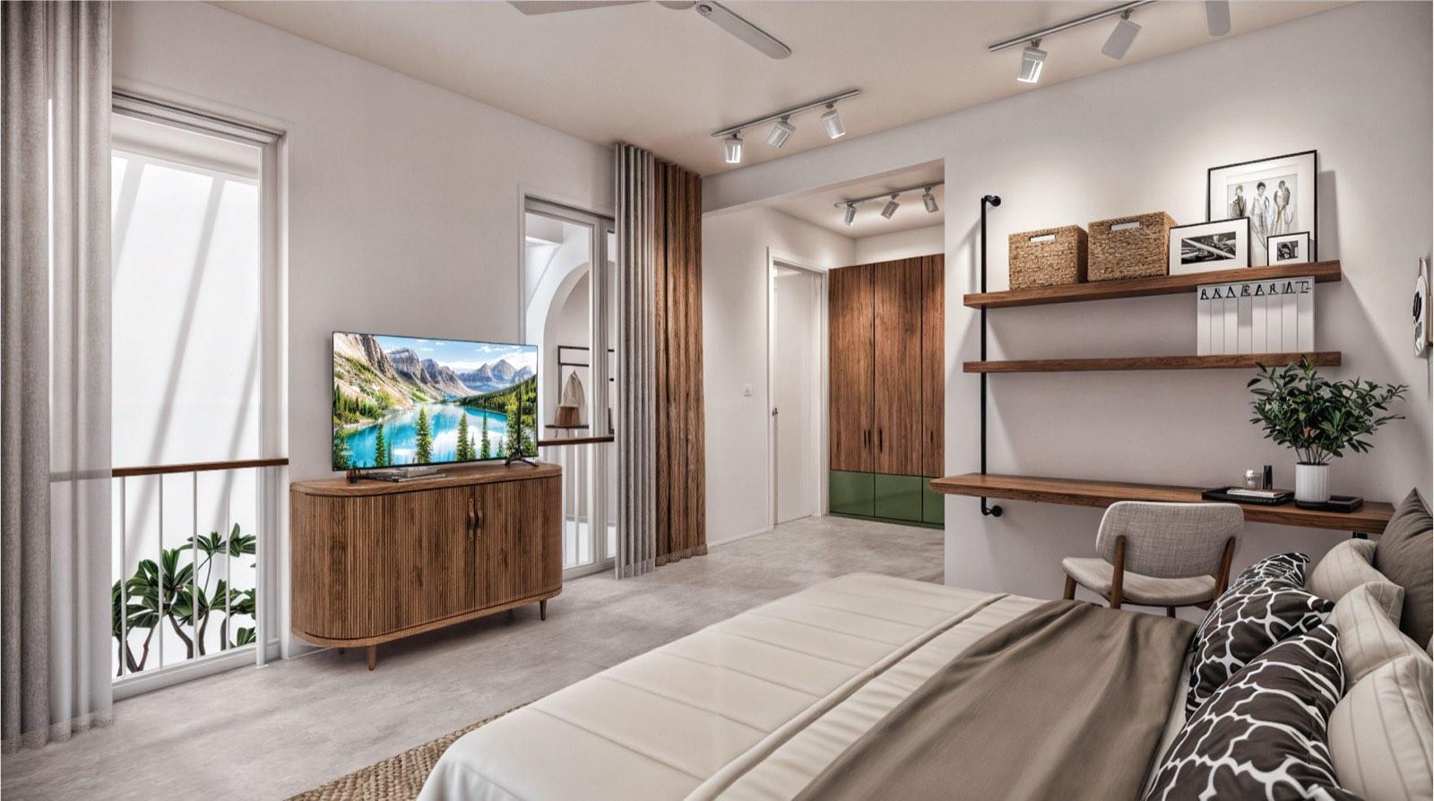 Bedroom of the Kuala Lumpur terrace house with a fluted timber media console and balcony over the atrium