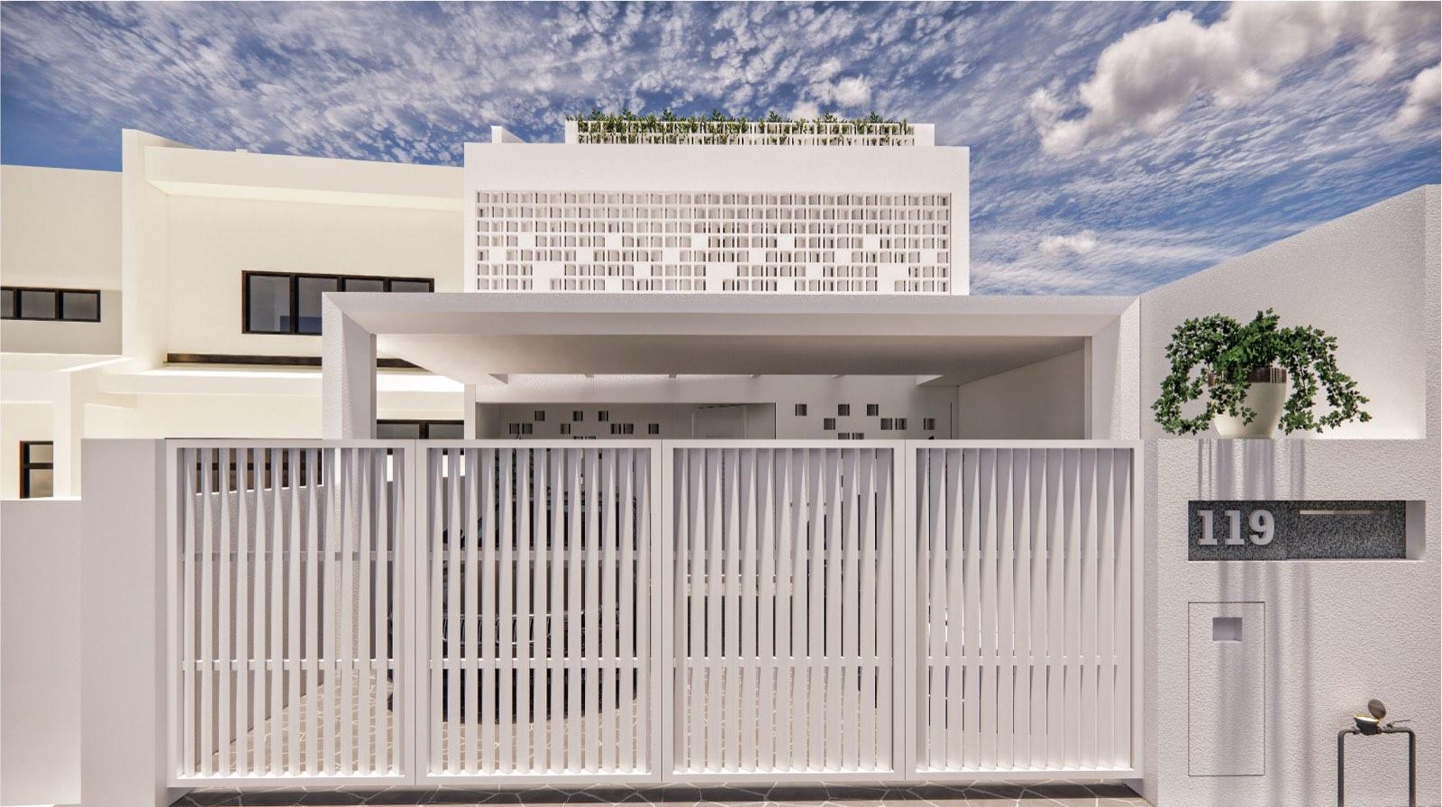 Street facade of the Kuala Lumpur terrace house, a white breeze-block screen and planted roof edge above the slatted gate
