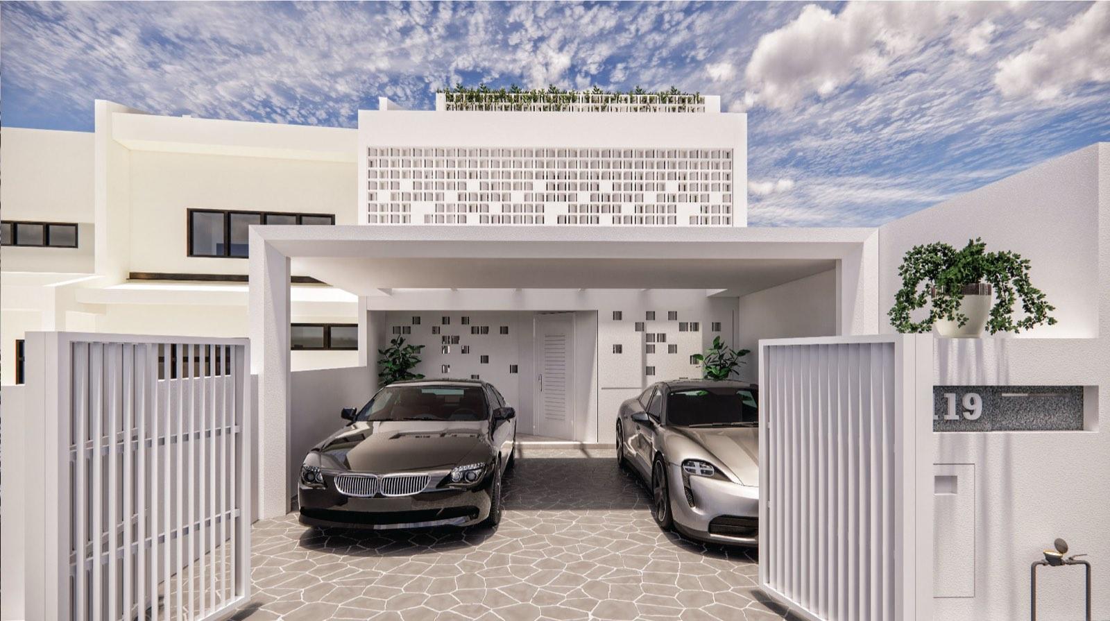 Gates open to the carport of the Kuala Lumpur terrace house, perforated blockwork walls around the entrance