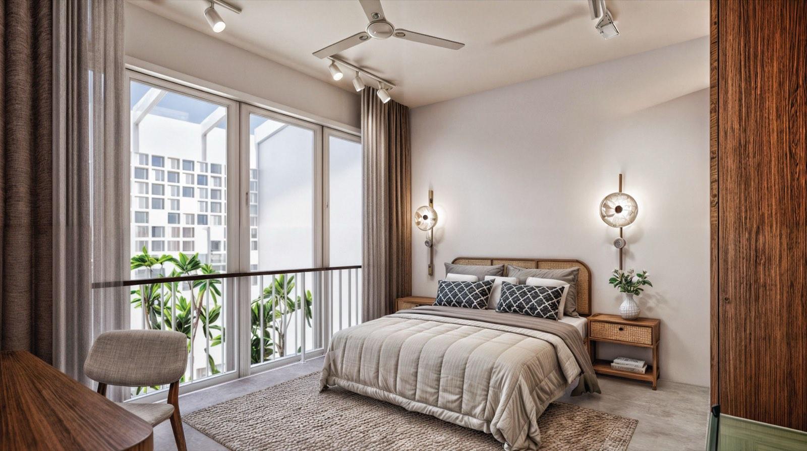 Guest bedroom of the Kuala Lumpur terrace house with paired wall sconces and a balcony to the city