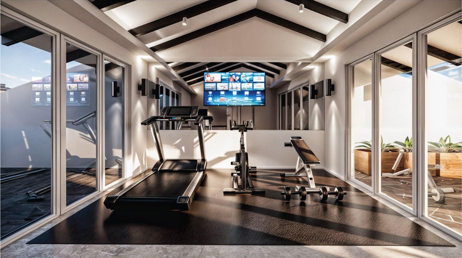 Rooftop gym pavilion of the Kuala Lumpur terrace house under a gabled beamed ceiling, glazed on both sides