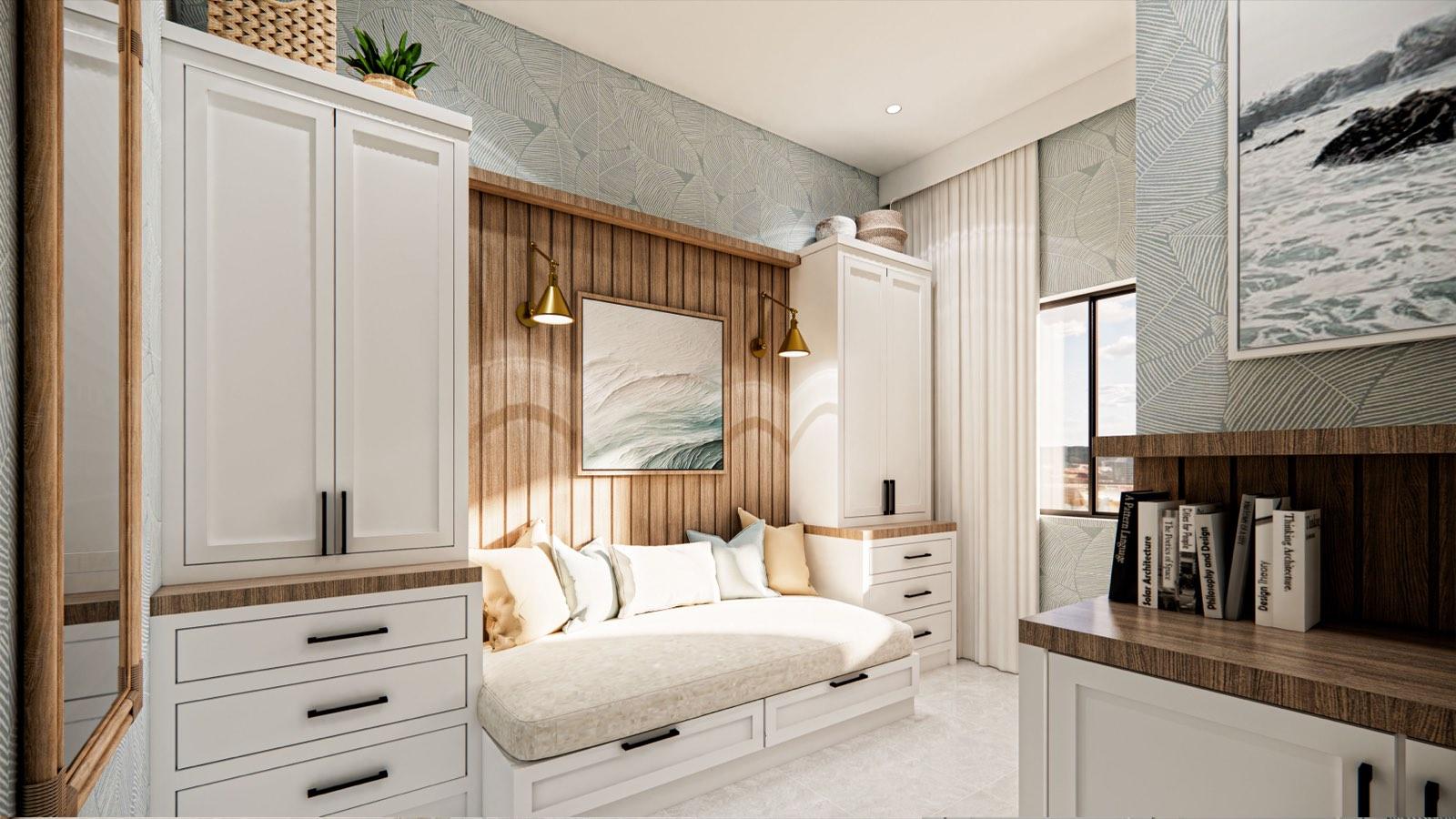 Guest bedroom at the PKNS Kota Puteri show home with a storage daybed against a timber-slat wall and leaf-print wallpaper