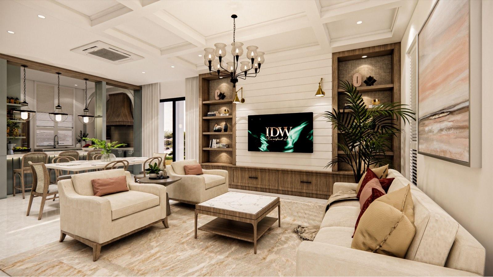 Living room at the PKNS Kota Puteri show home with a coffered ceiling, shiplap media wall and cream armchairs around a marble coffee table