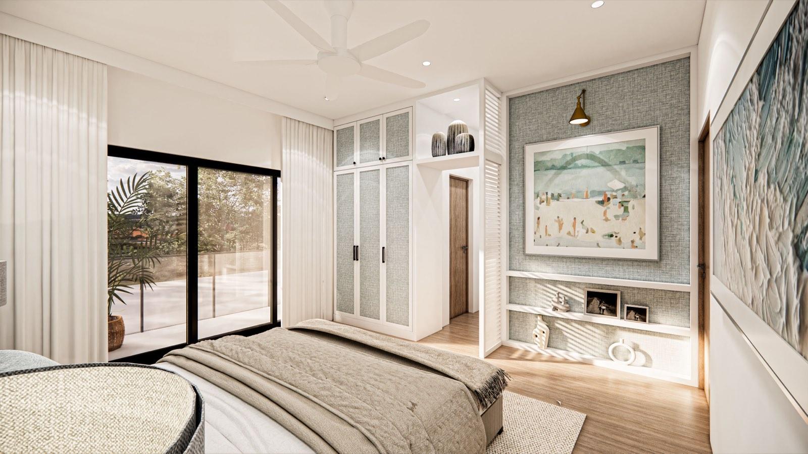Rattan-panelled wardrobes and a fabric-wrapped feature wall in the master bedroom of the PKNS Kota Puteri show home