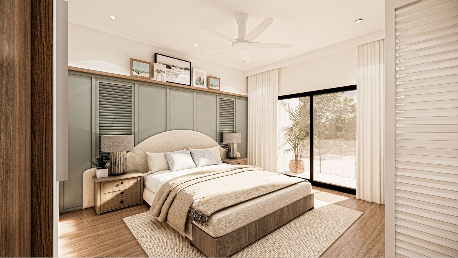 Master bedroom at the PKNS Kota Puteri show home with a curved headboard against a sage-green louvred panel wall