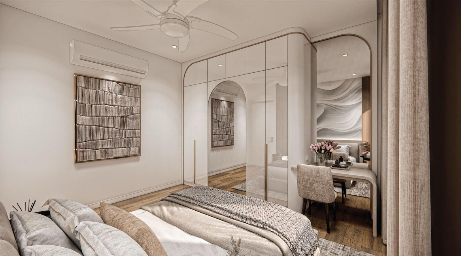 Bedroom at Monarc, Gamuda Gardens with mirrored arch wardrobe doors and a built-in dressing desk