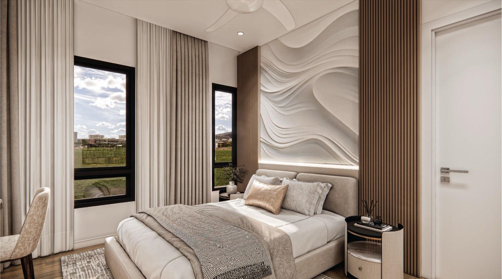 Bedroom at Monarc, Gamuda Gardens with a sculpted wave-relief feature wall framed in timber slats