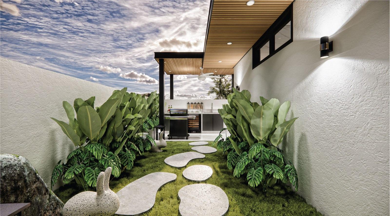 Stepping-stone garden path at Monarc, Gamuda Gardens leading through massed planting to the BBQ terrace