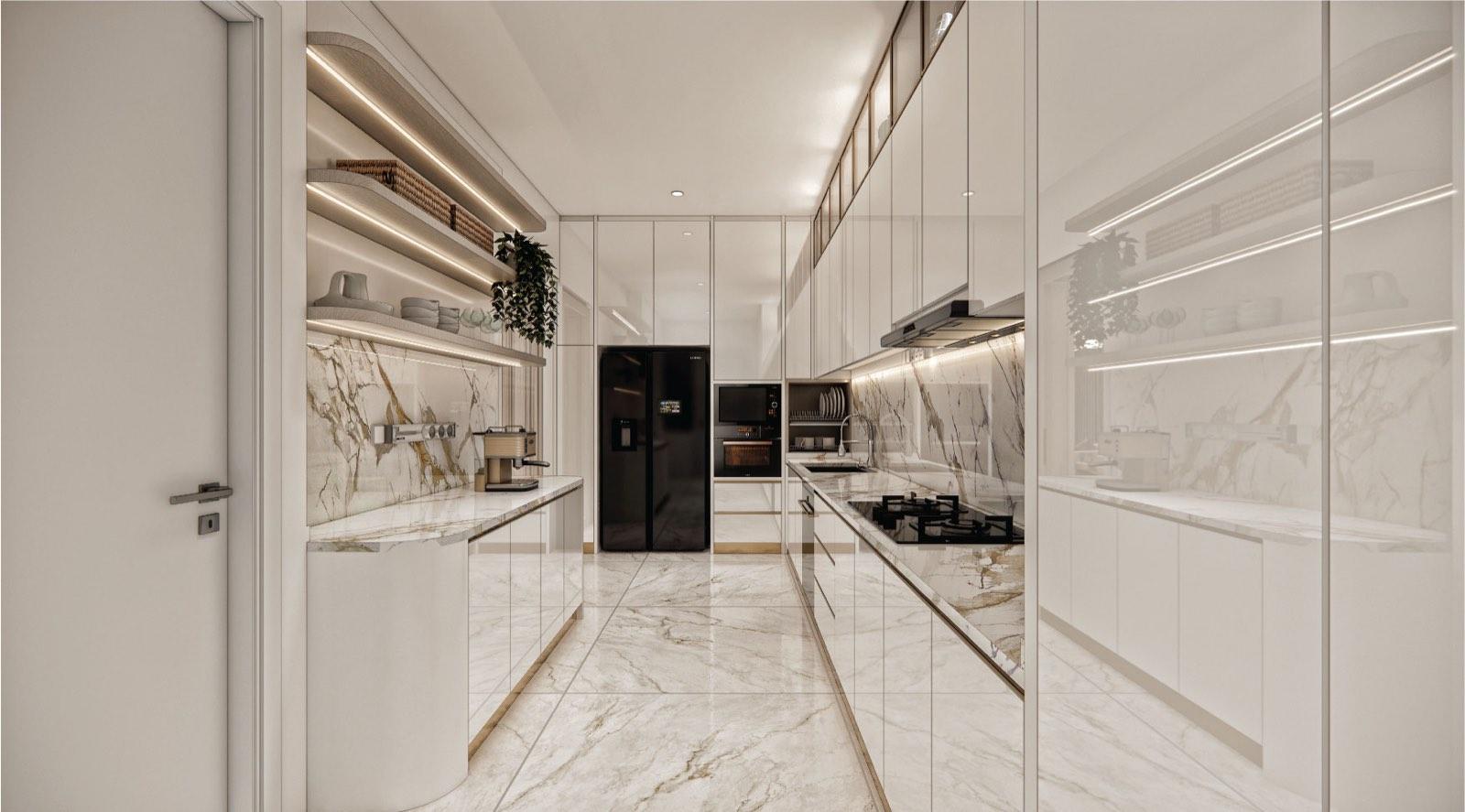 Galley kitchen at Monarc, Gamuda Gardens in high-gloss white with a calacatta splashback and black appliances