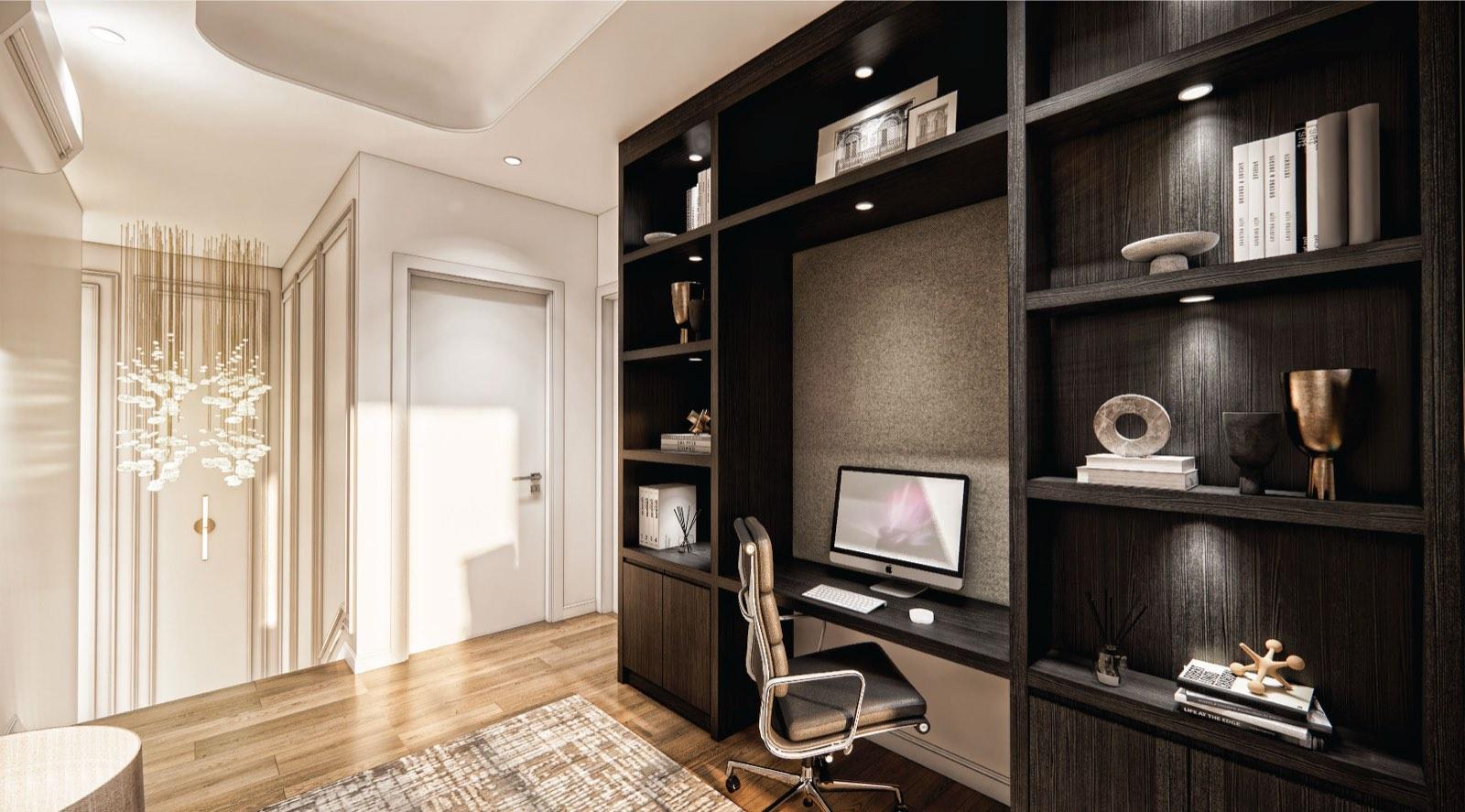 Home office at Monarc, Gamuda Gardens with a dark timber shelving wall, built-in desk and fabric pinboard niche