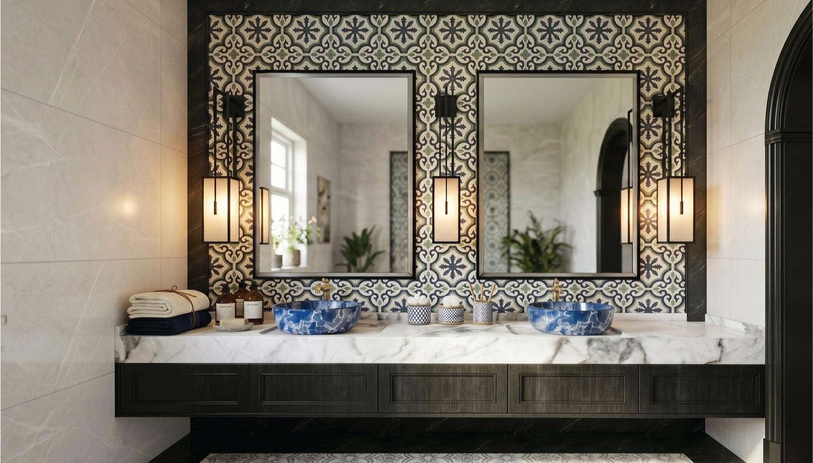 Twin-basin bathroom vanity at the Taman Paroi Jaya house with patterned encaustic tiles and blue stone basins