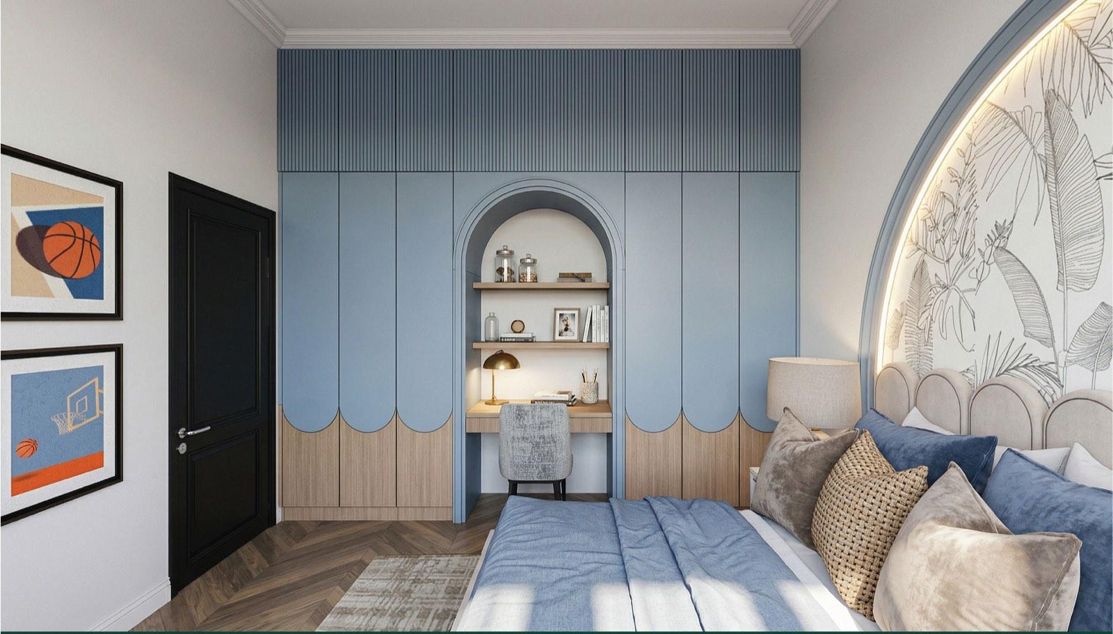 Scalloped powder-blue wardrobe wall with an arched study nook in a bedroom of the Taman Paroi Jaya house
