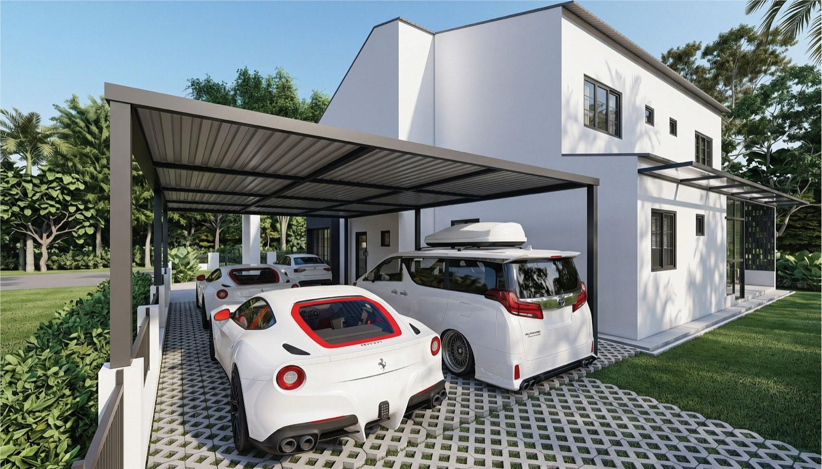 Steel pergola carport on grass pavers at the Taman Paroi Jaya house