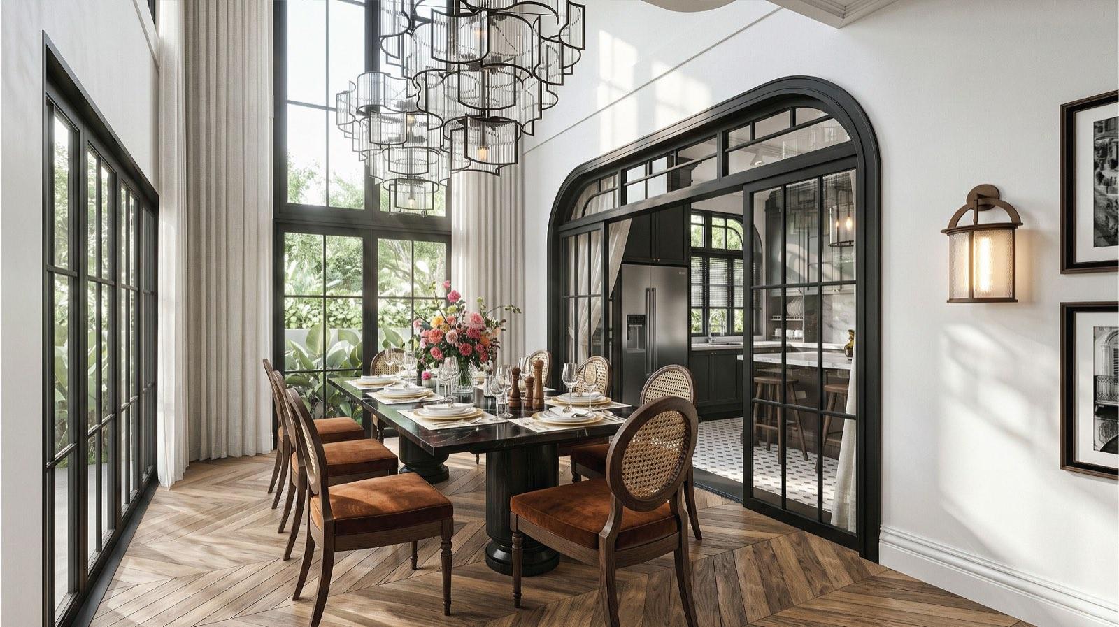 Double-height dining room of the Taman Paroi Jaya house with a black stone table, cane-back chairs and an arched glazed screen to the kitchen