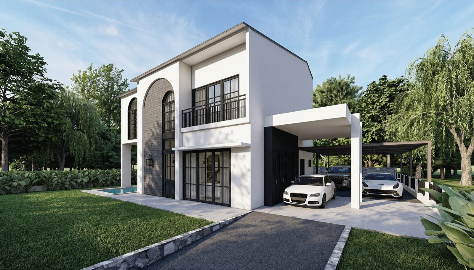 Front elevation of the Taman Paroi Jaya house, a white two-storey home with a grey-brick arch, black steel windows and a carport pavilion