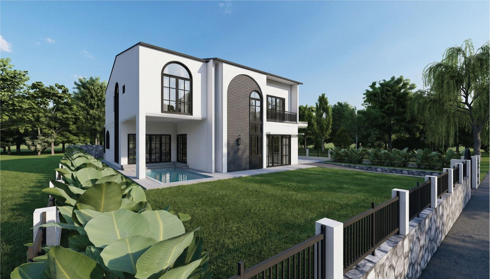 Garden elevation of the Taman Paroi Jaya house with arched windows and a lap pool on the lawn