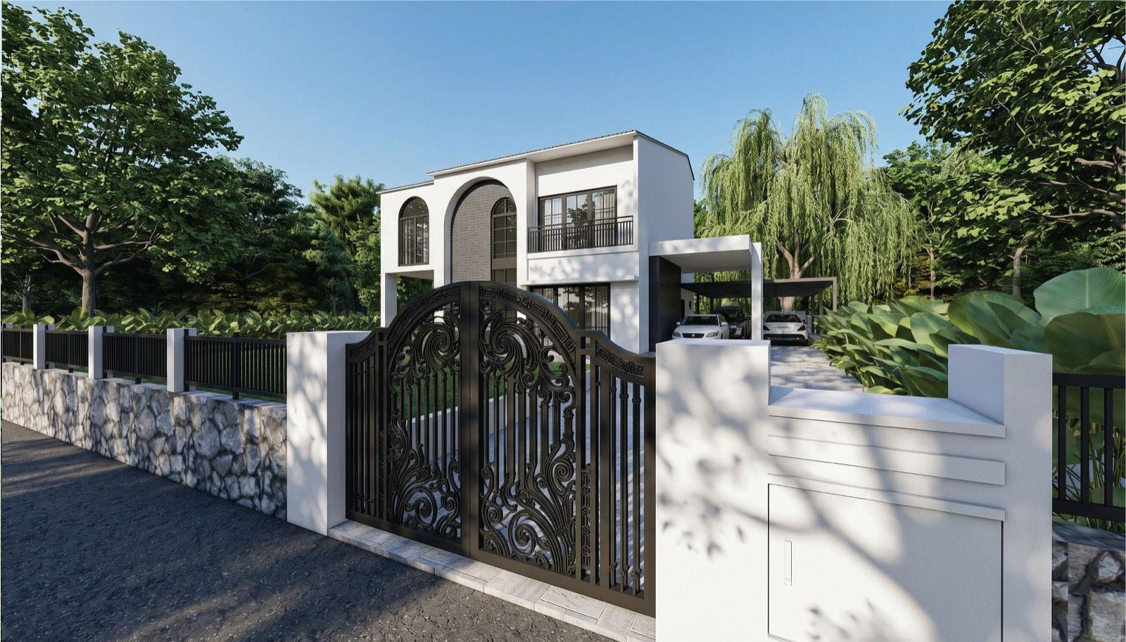 Ornate black iron entrance gates and stone-based fence at the Taman Paroi Jaya house