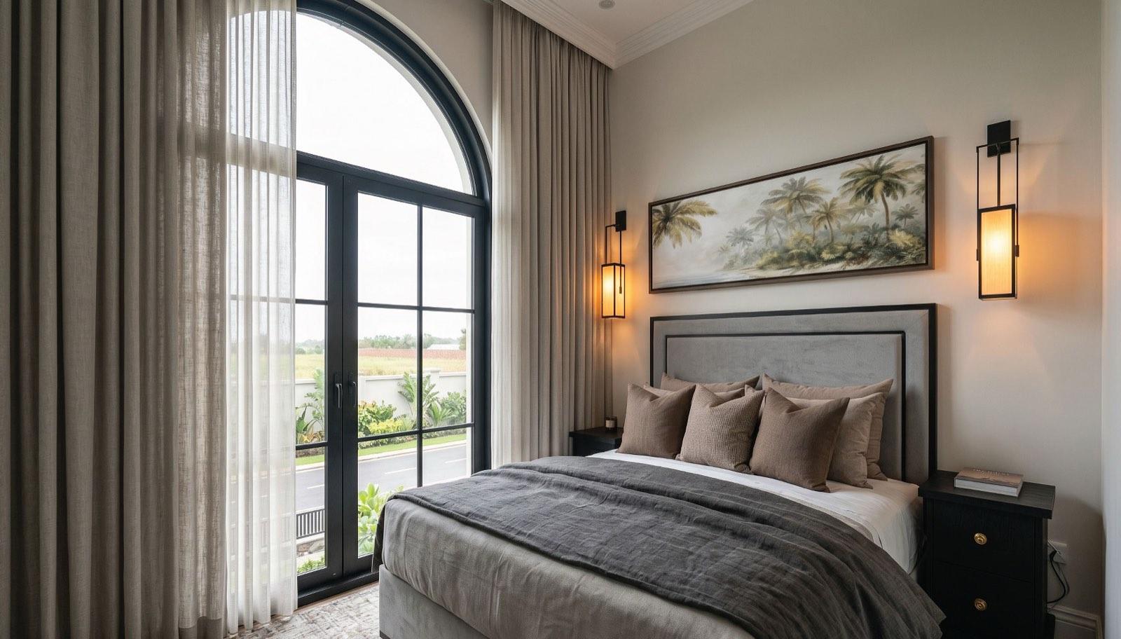 Guest bedroom of the Taman Paroi Jaya house with an arched black-framed window and palm artwork over the bed