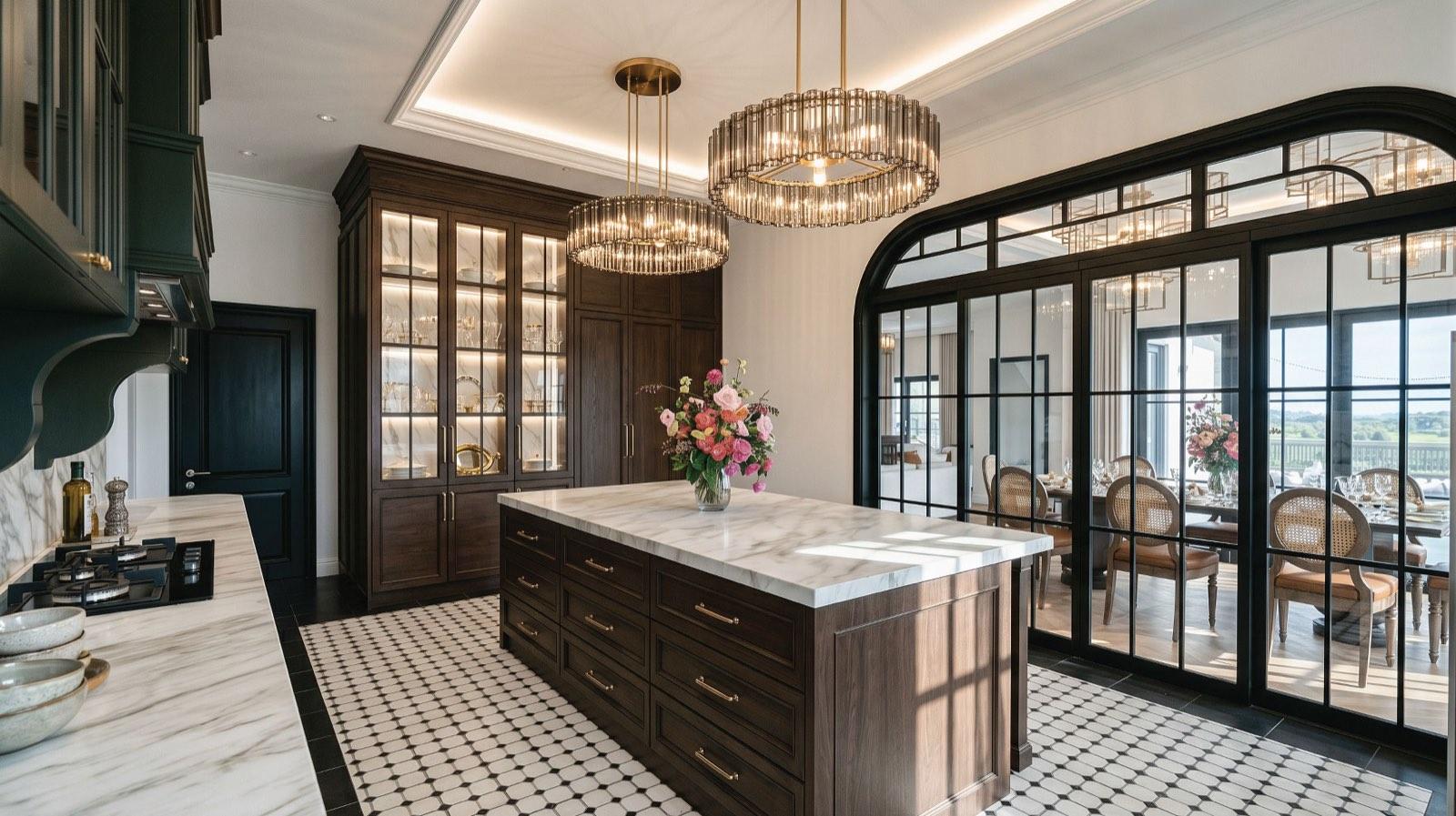 Walnut island and glazed display cabinet in the kitchen of the Taman Paroi Jaya house, looking through the arched screen to the dining room