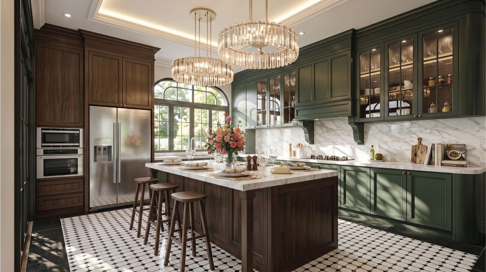 Green shaker kitchen of the Taman Paroi Jaya house with a walnut island, marble tops and checkerboard tile floor