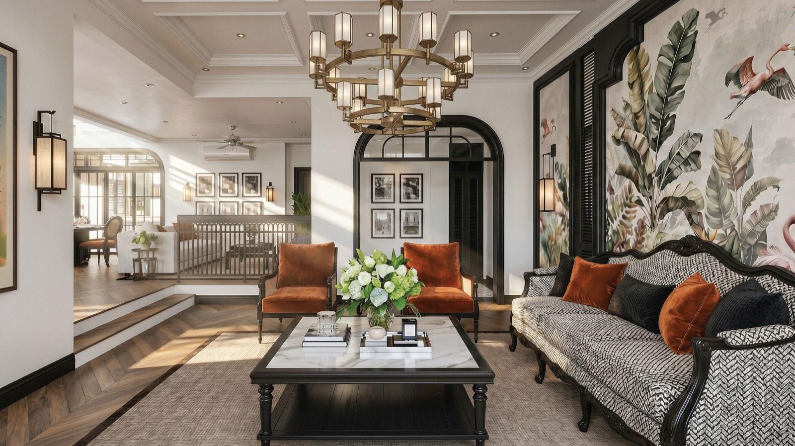 Sunken lounge of the Taman Paroi Jaya house under a tiered brass chandelier, steps rising to the dining level