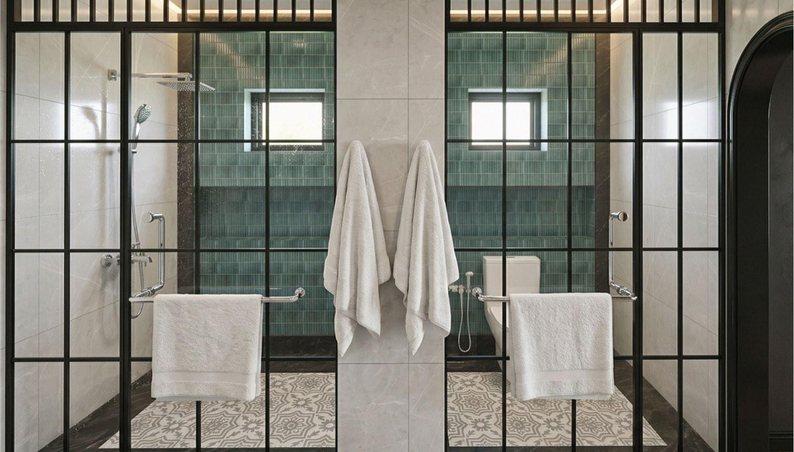 Twin showers behind black steel-framed glass at the Taman Paroi Jaya house, lined in green finger tile