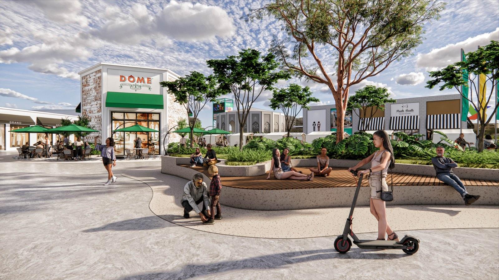 Café terrace and planted seating deck on the market street at PKNS Communal Hub