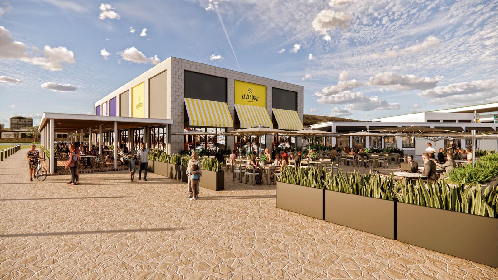 Outdoor dining terrace under striped awnings and umbrellas at PKNS Communal Hub