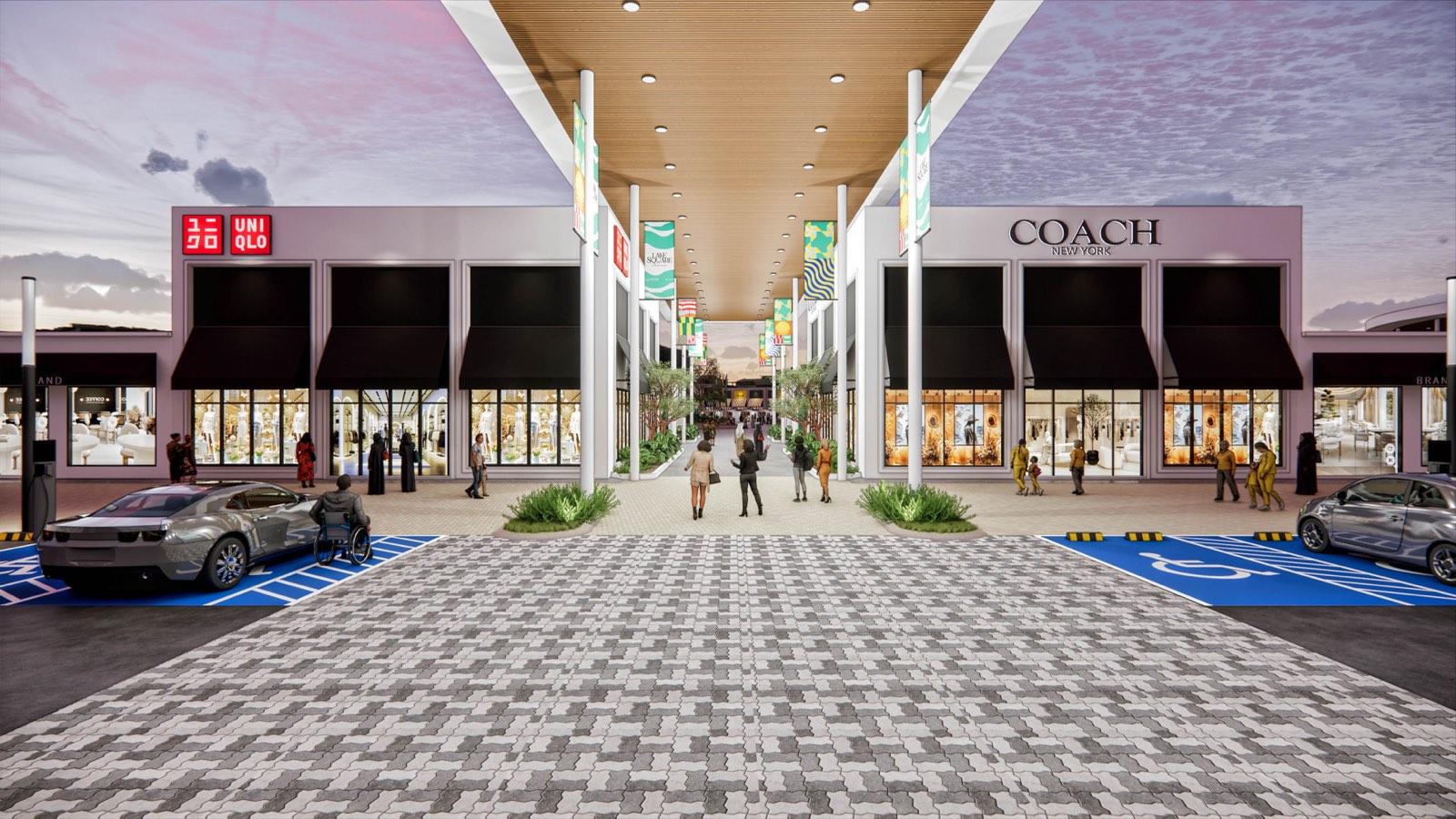 Retail street at PKNS Communal Hub with deep awnings and a timber-lined soffit