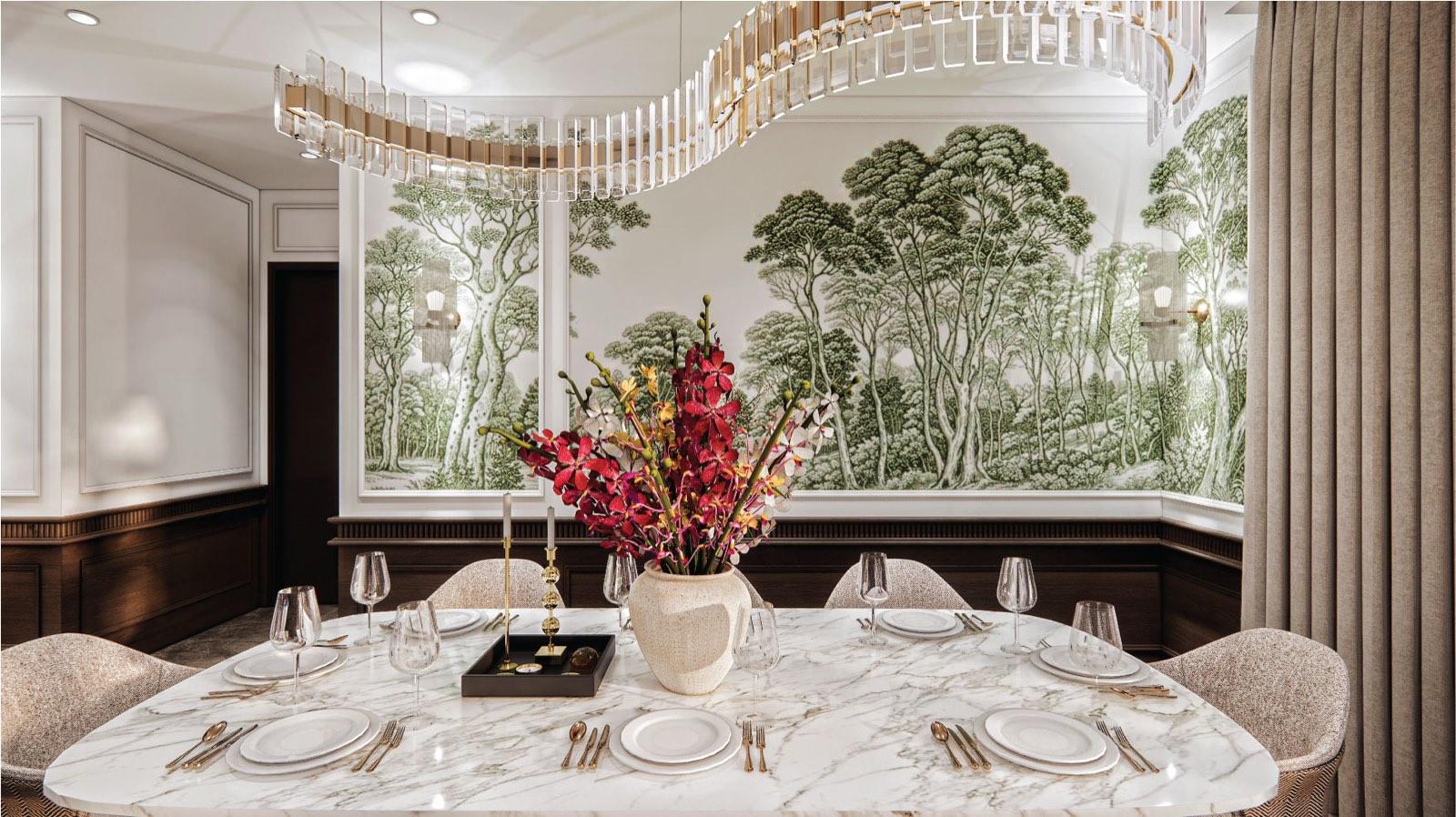 Formal dining room at the Putrajaya villa wrapped in a hand-drawn forest mural under a ribbon chandelier