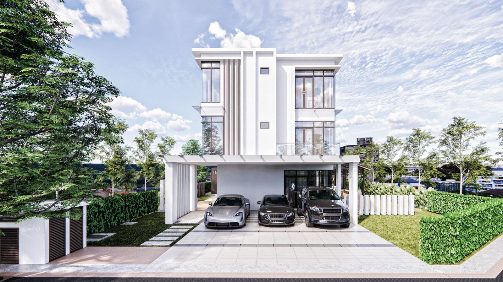 White three-storey facade of the Putrajaya villa with bronze window fins and a three-car porch