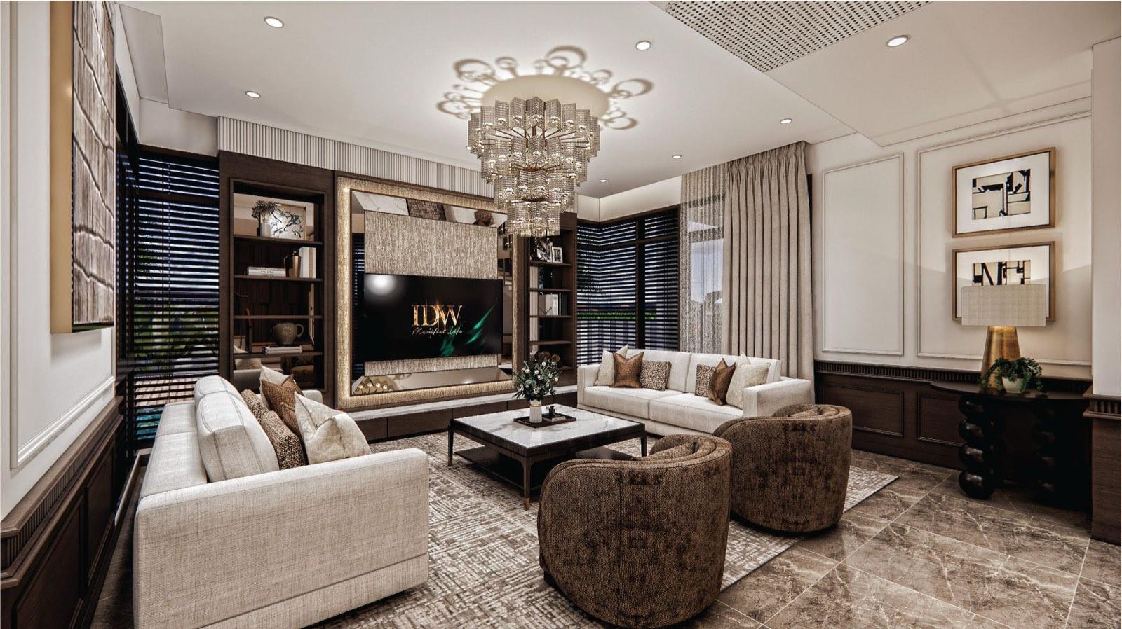 Family living hall at the Putrajaya villa with a mirrored TV wall, wainscoting and marble floor