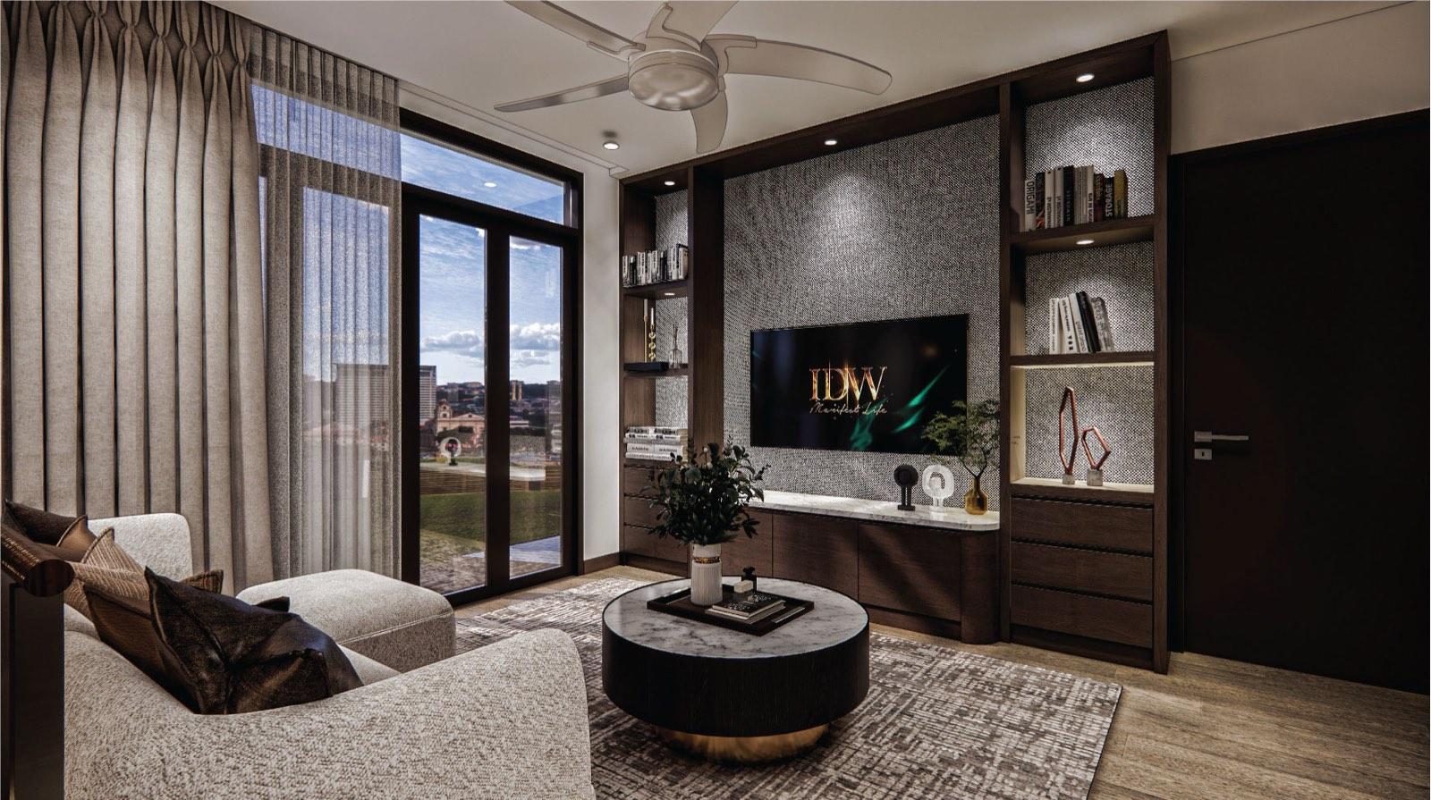 Upstairs family room at the Putrajaya villa with a fabric-lined media wall and city view